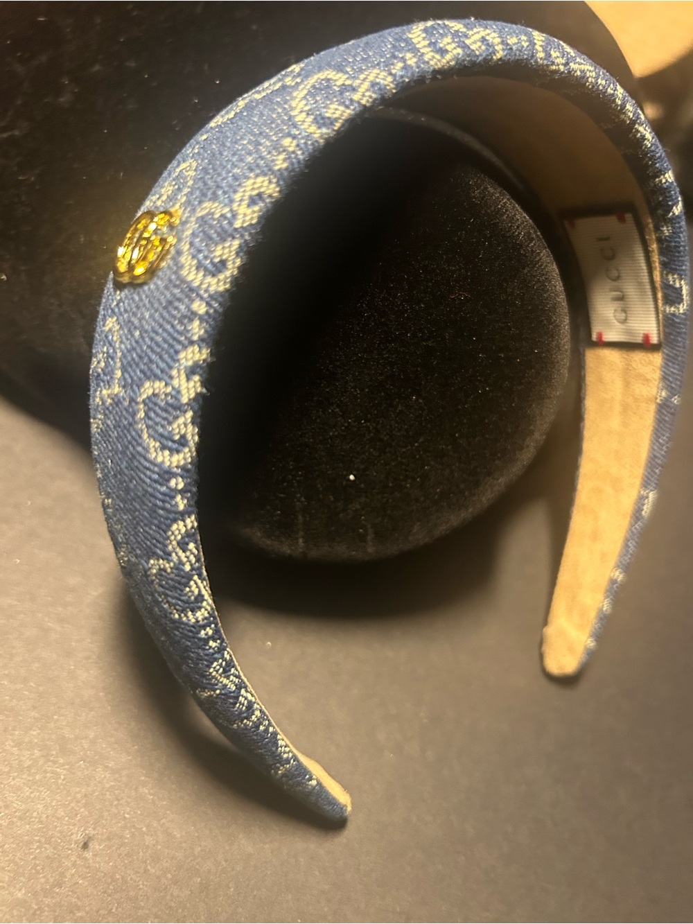 Gucci Blue GG Denim Padded Headband with Gold Double G Accent - Picture 4 of 4